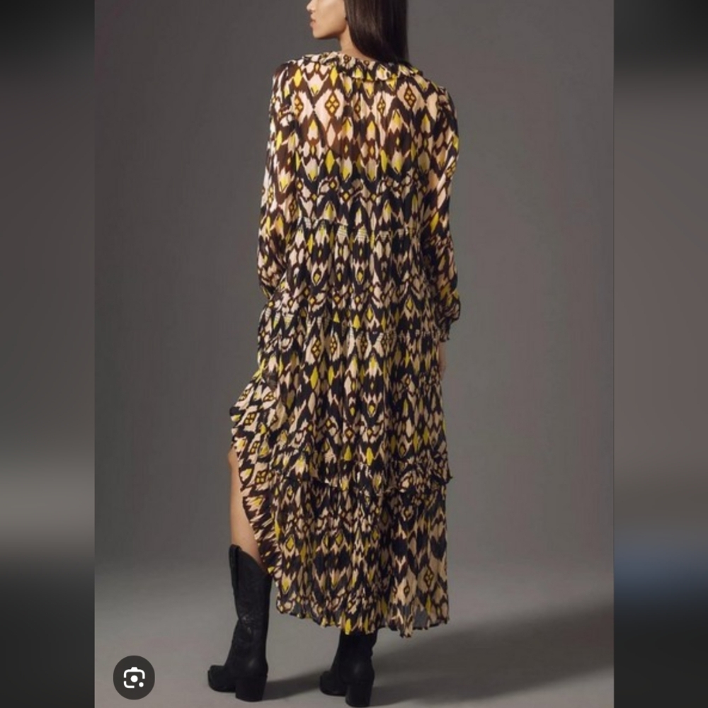 Anthropologie Pleated Maxi Dress in Yellow, Black & Cream